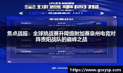 焦点战报：全球挑战赛升降级附加赛泉州电竞对阵贵阳战队的巅峰之战